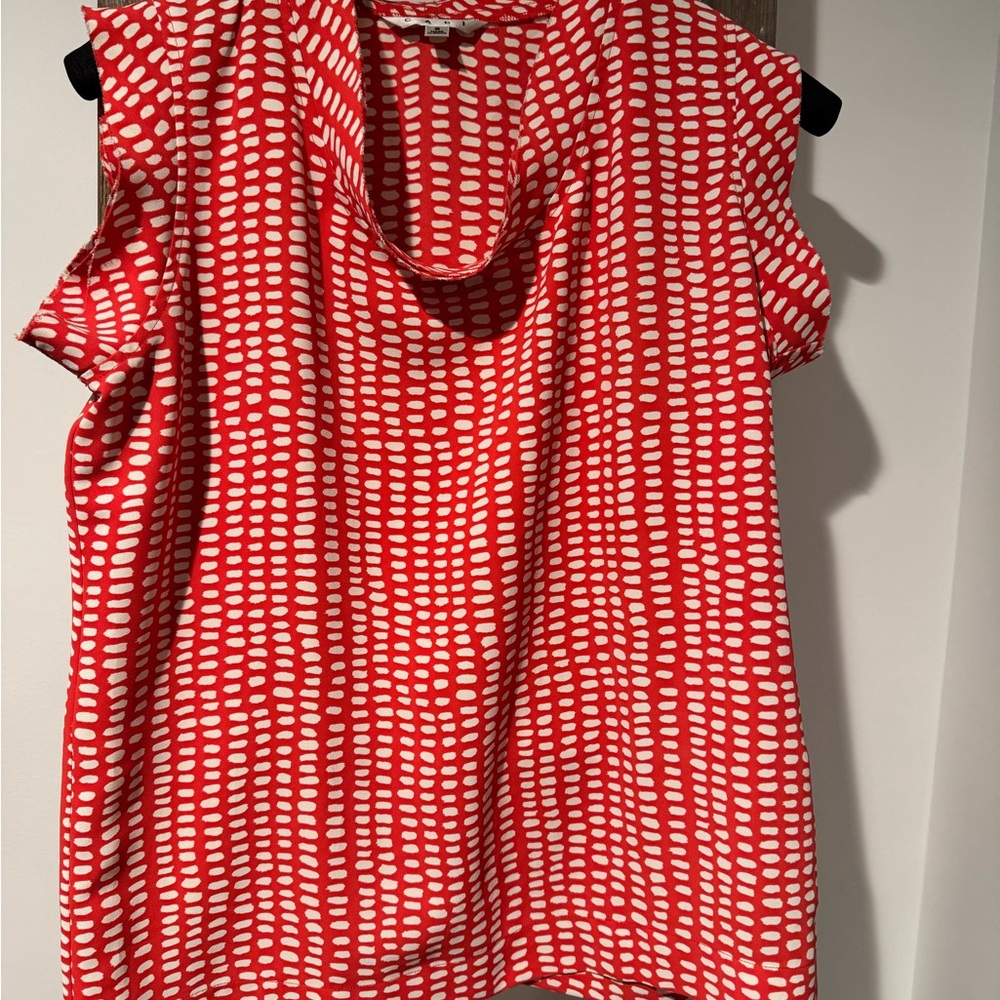 CAbi Orange and White Flutter Sleeve Blouse